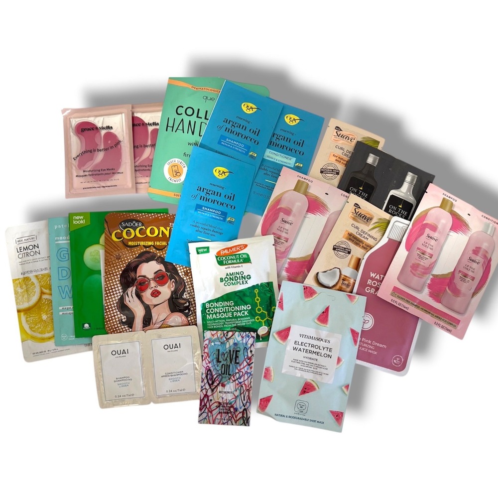 Beauty Sample Lot Sheet Masks Hair Care Skincare Ouai OGX Suave Palmers 20pc New